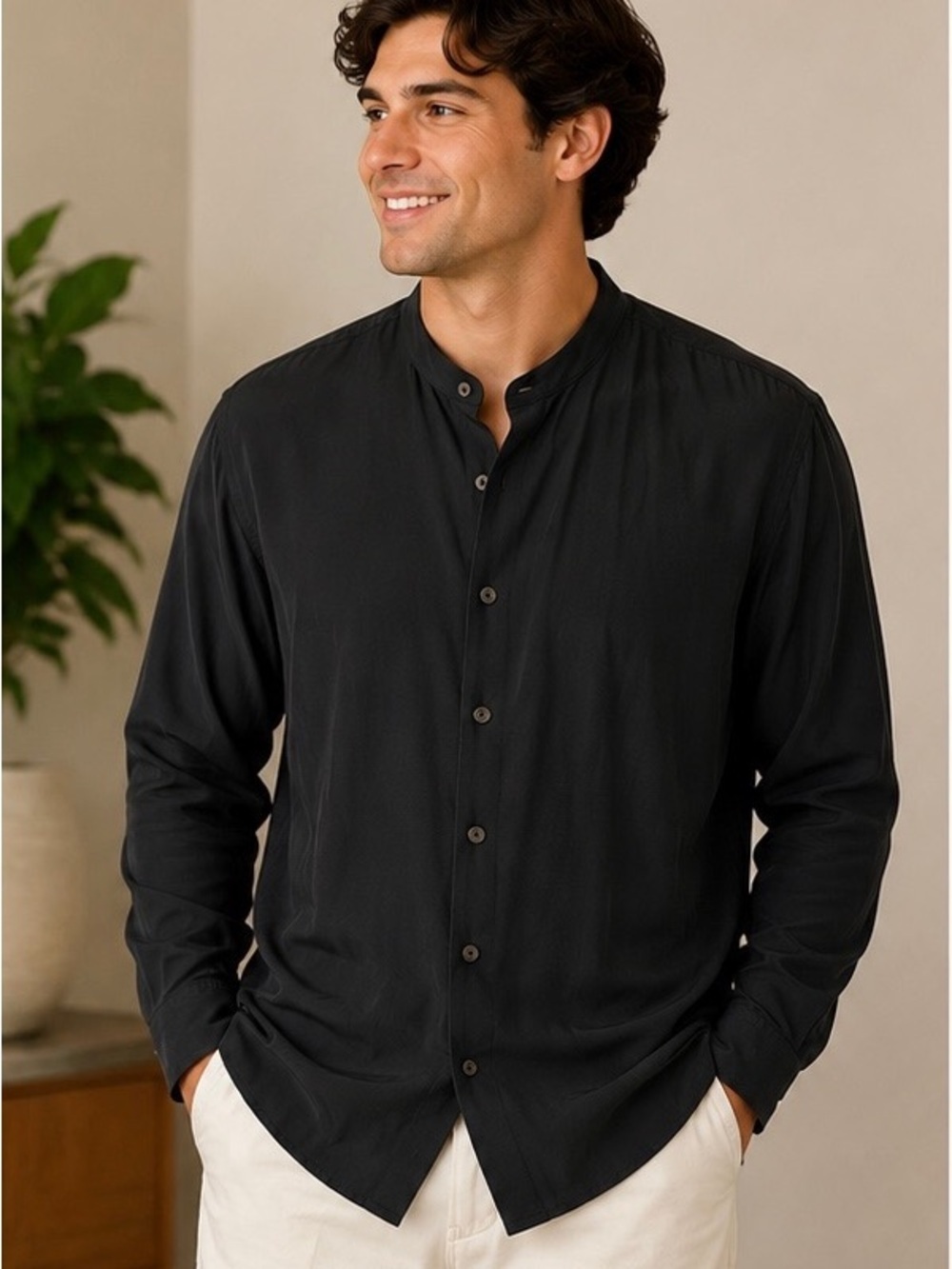 Armani Collezioni Black Men's Shirt with Band Collar